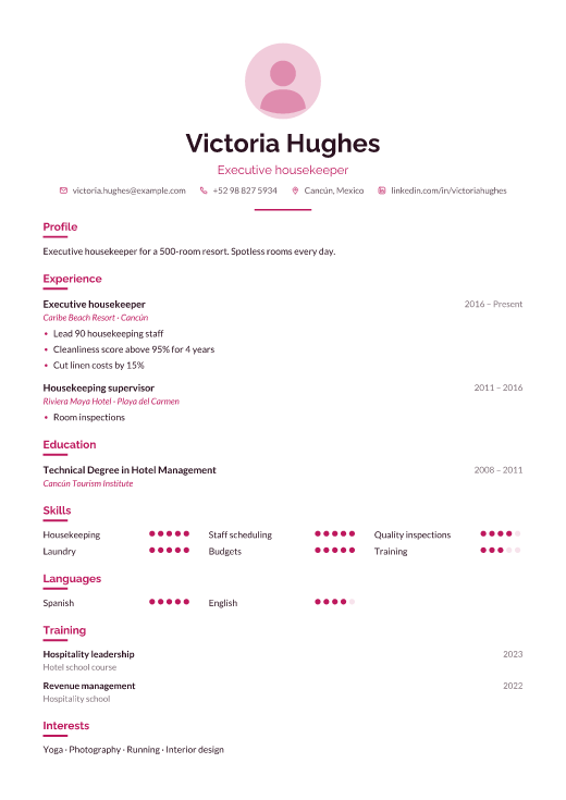 Executive housekeeper resume template, Care design