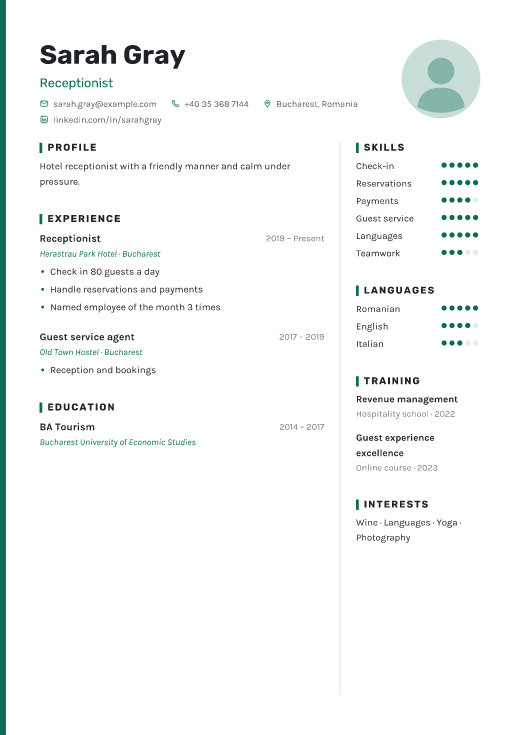 Receptionist resume template, Haven design