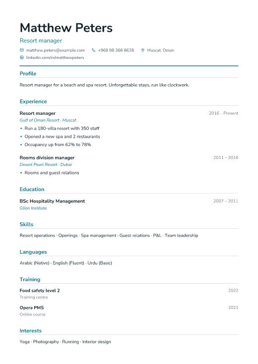 Resort manager resume template, Clinic design