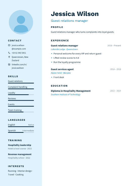 Guest relations manager resume template, Ward design