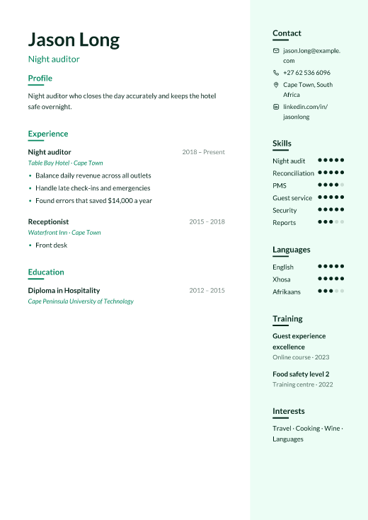Night auditor resume template, Remedy design