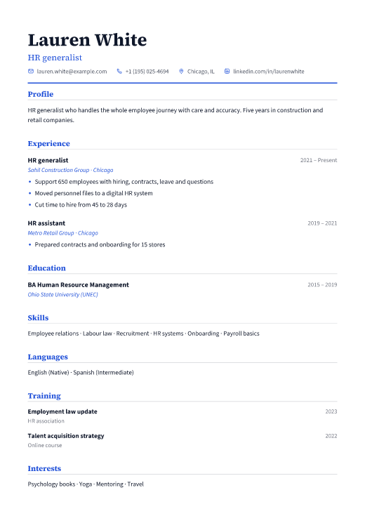 HR generalist resume template, Classic design