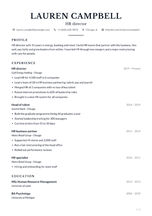 HR director resume template, Counsel design, 2 pages