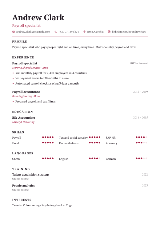 Payroll specialist resume template, Charter design