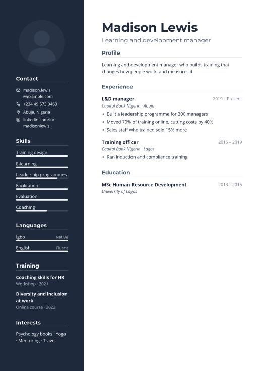 Learning and development manager resume template, Boardroom design