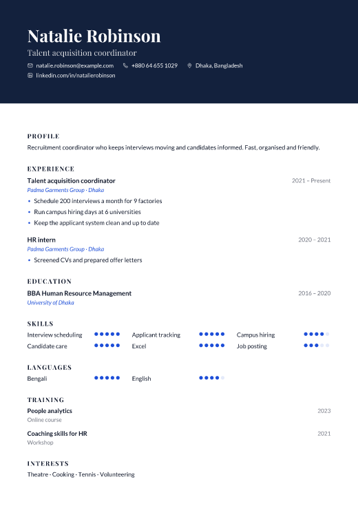 Talent acquisition coordinator resume template, Embassy design
