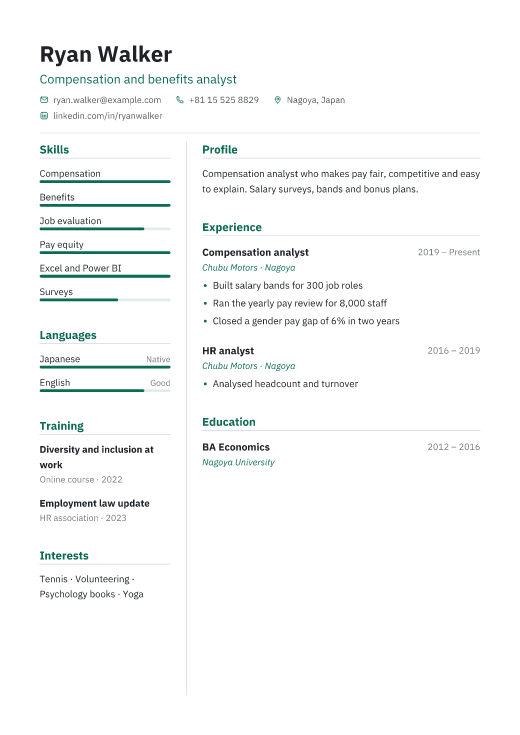 Compensation and benefits analyst resume template, Treasury design