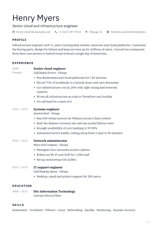 Senior cloud and infrastructure engineer resume template, Shell design, 2 pages