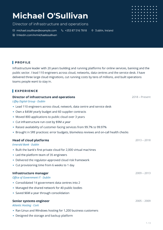 Director of infrastructure and operations resume template, Uptime design, 3 pages