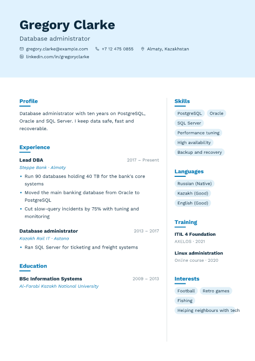 Database administrator resume template, Cloud design