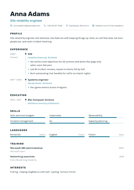 Site reliability engineer resume template, Signal design