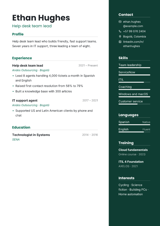 Help desk team lead resume template, Vector design