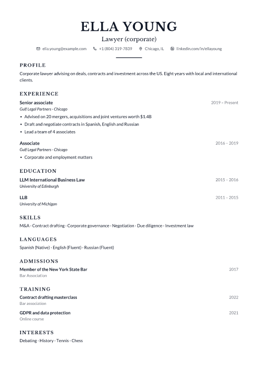 Lawyer (corporate) resume template, Counsel design
