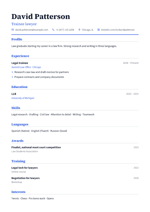 Trainee lawyer resume template, Classic design