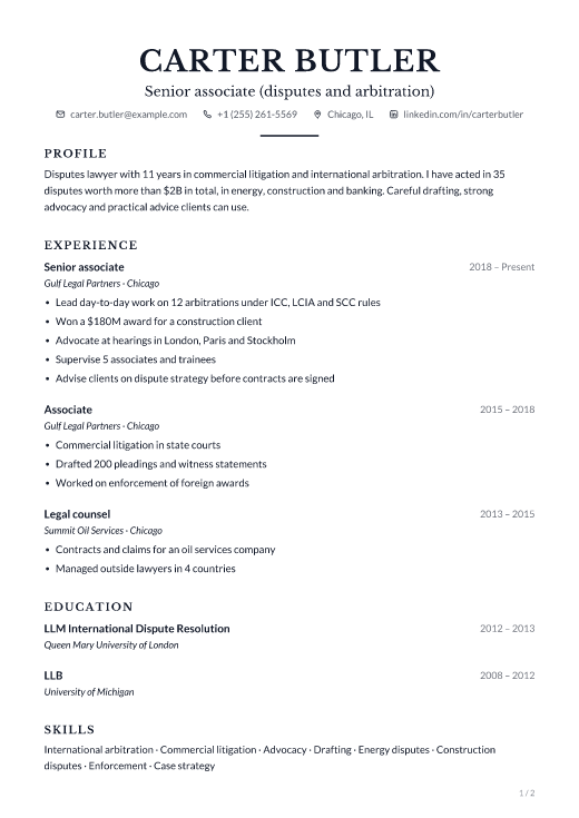Senior associate (disputes and arbitration) resume template, Counsel design, 2 pages