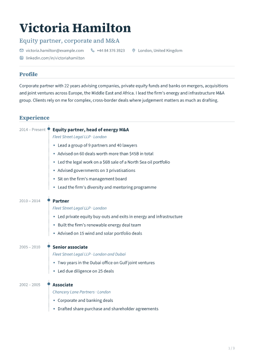 Equity partner, corporate and M&A resume template, Registry design, 3 pages