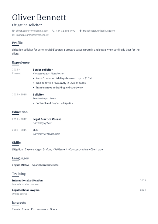 Litigation solicitor resume template, Ledger design