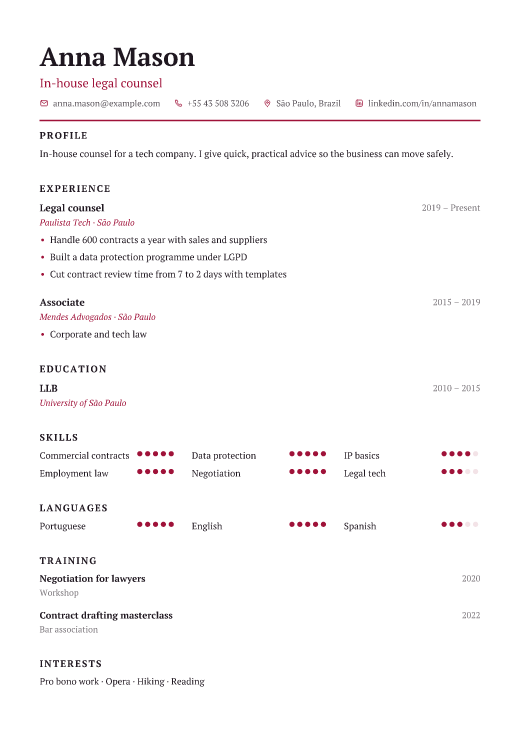 In-house legal counsel resume template, Charter design
