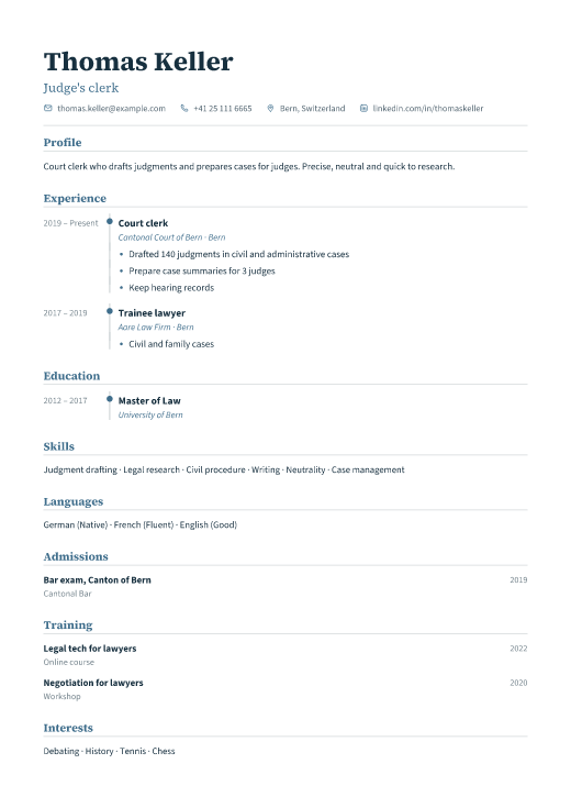 Judge's clerk resume template, Registry design