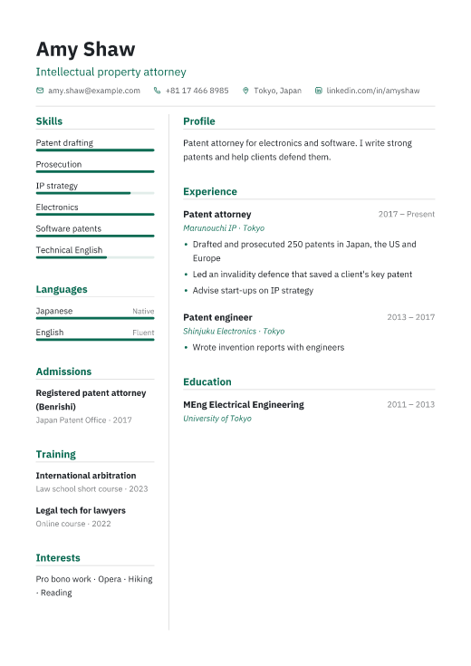 Intellectual property attorney resume template, Treasury design