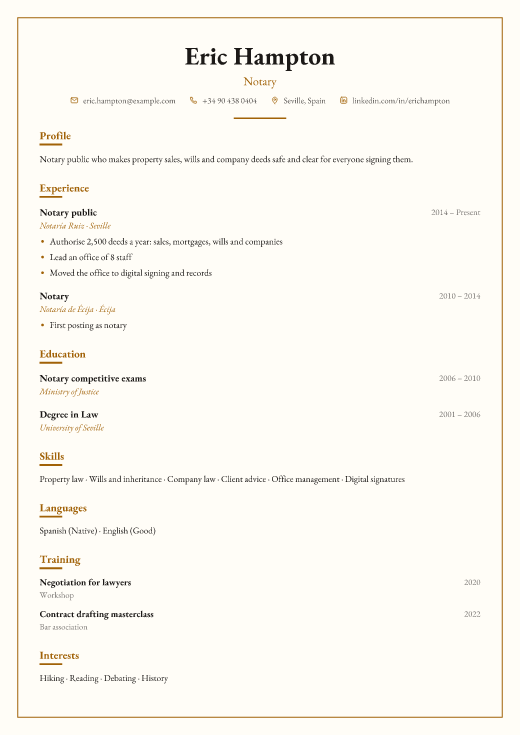 Notary resume template, Chambers design