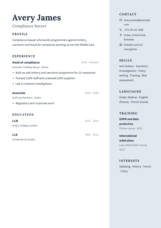 Compliance lawyer resume template, Atrium design