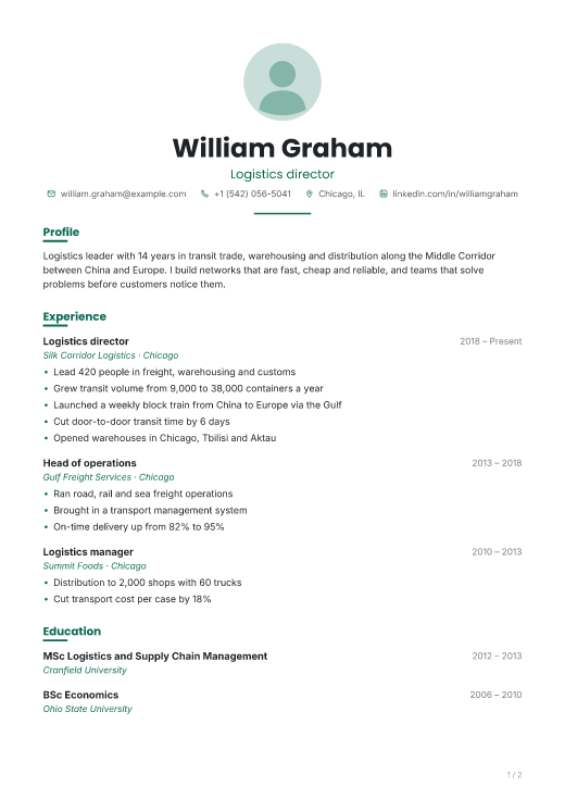 Logistics director resume template, Shift design, 2 pages