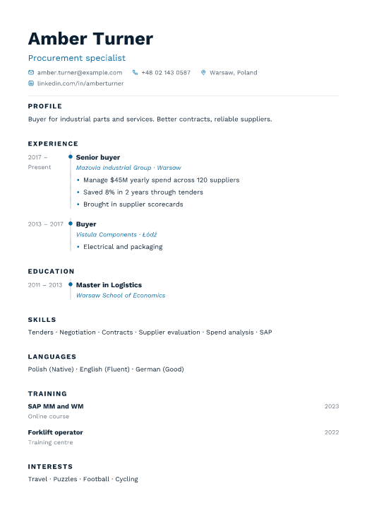 Procurement specialist resume template, Harbour design