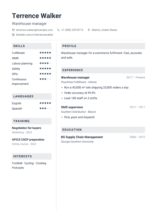 Warehouse manager resume template, Toolbox design