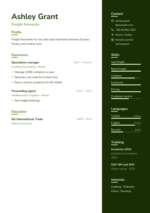 Freight forwarder resume template, Field design