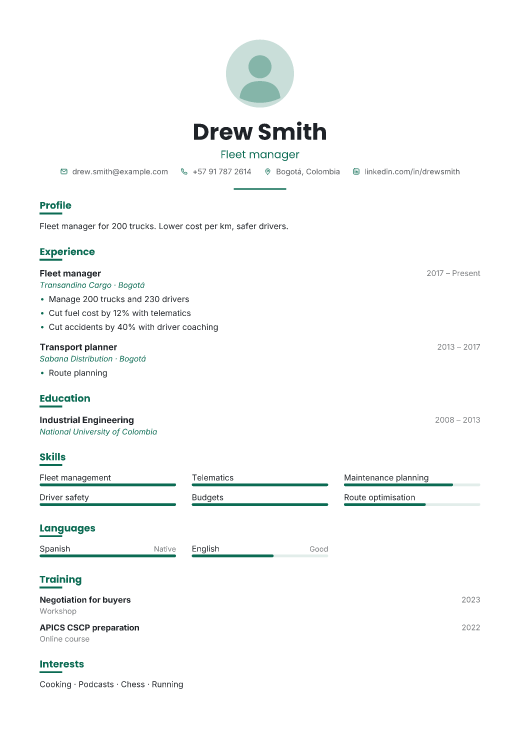 Fleet manager resume template, Shift design