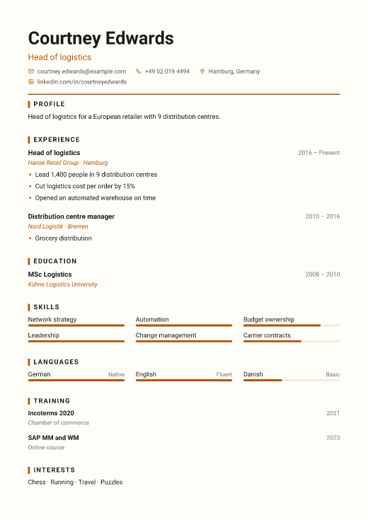 Head of logistics resume template, Workshop design