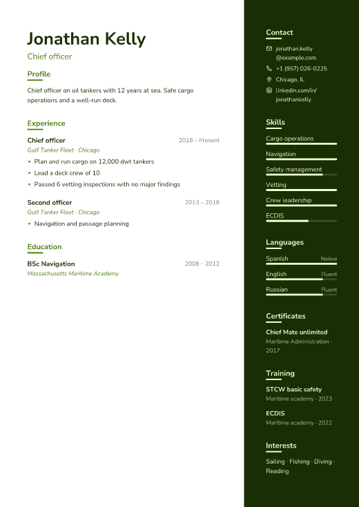 Chief officer resume template, Field design