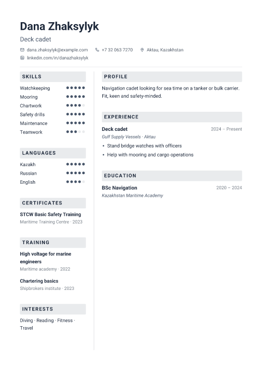 Deck cadet resume template, Toolbox design