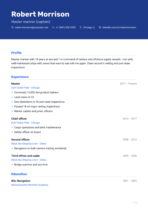 Master mariner (captain) resume template, Route design, 2 pages