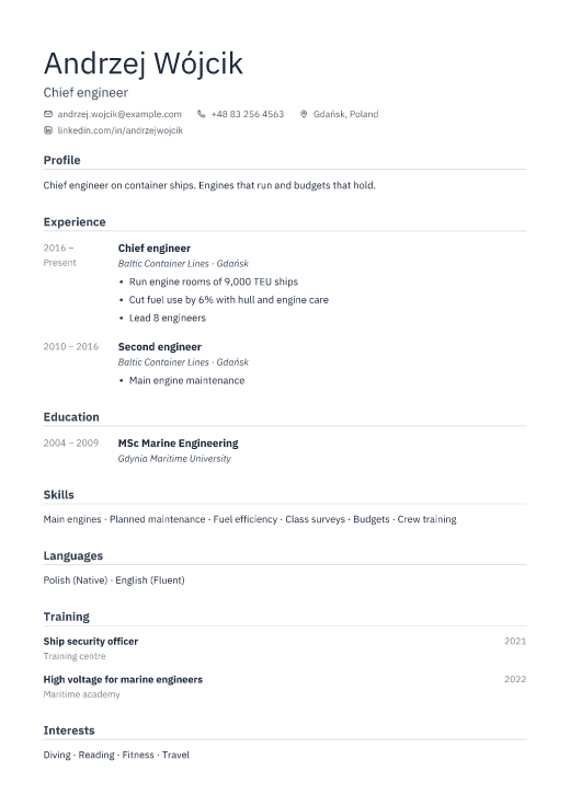 Chief engineer resume template, Depot design