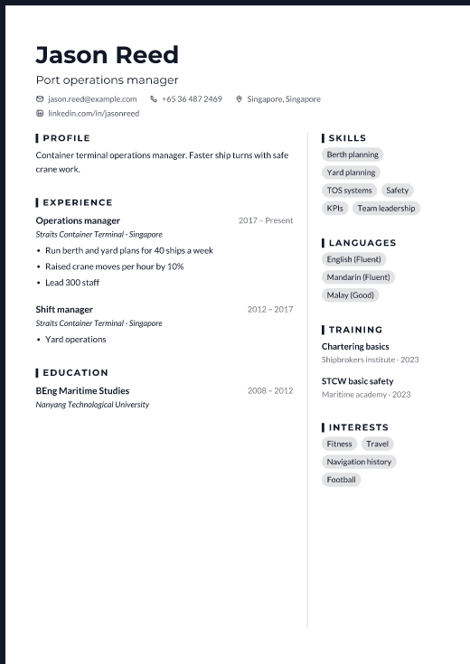Port operations manager resume template, Forge design