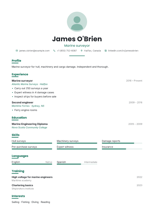 Marine surveyor resume template, Shift design