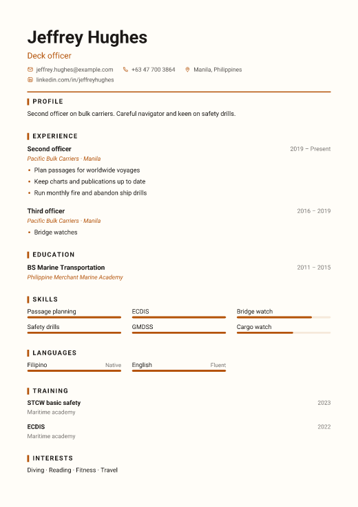 Deck officer resume template, Workshop design