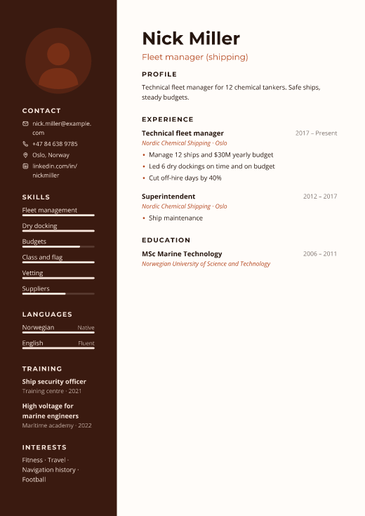 Fleet manager (shipping) resume template, Site design