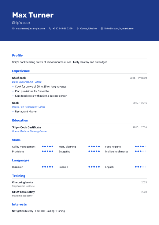 Ship's cook resume template, Route design
