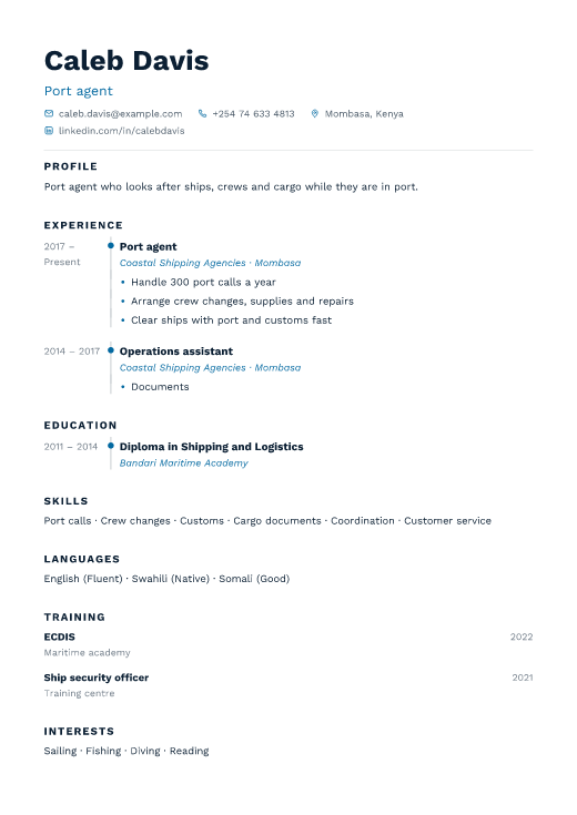 Port agent resume template, Harbour design