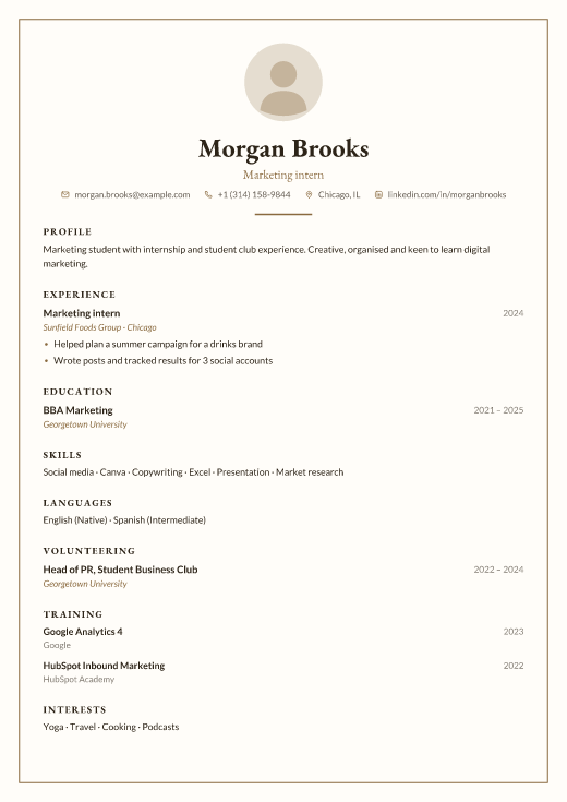 Marketing intern resume template, Frame design