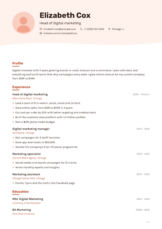 Head of digital marketing resume template, Studio design, 2 pages