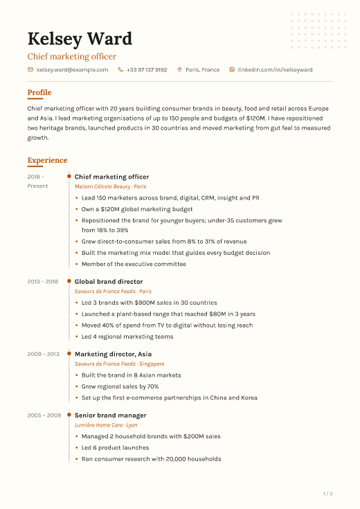 Chief marketing officer resume template, Sketch design, 3 pages
