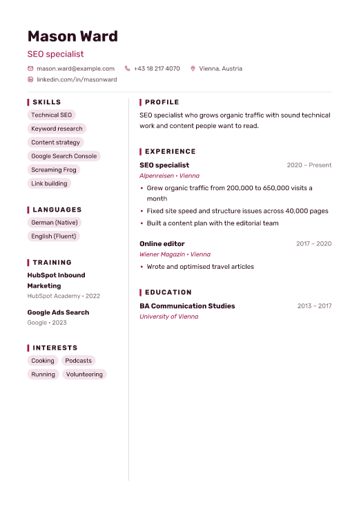 SEO specialist resume template, Mosaic design