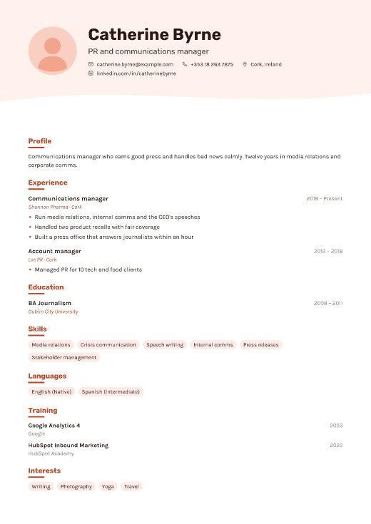 PR and communications manager resume template, Studio design