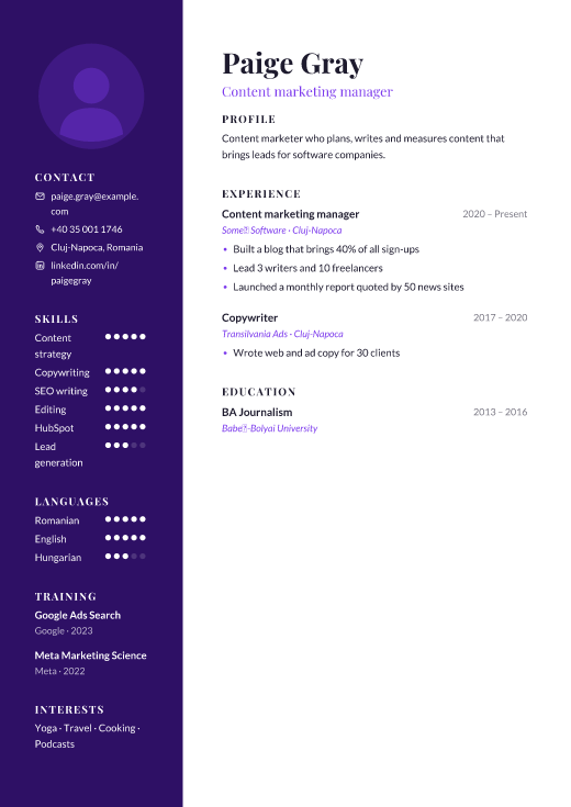 Content marketing manager resume template, Canvas design