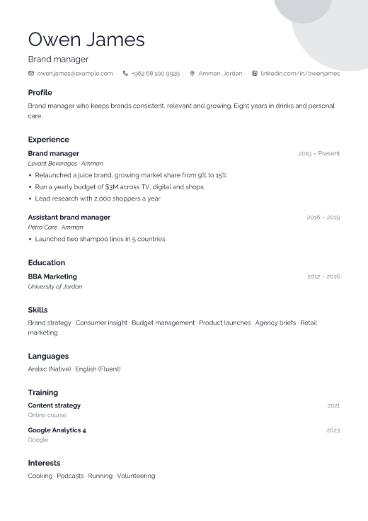 Brand manager resume template, Gallery design