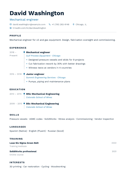 Mechanical engineer resume template, Harbour design